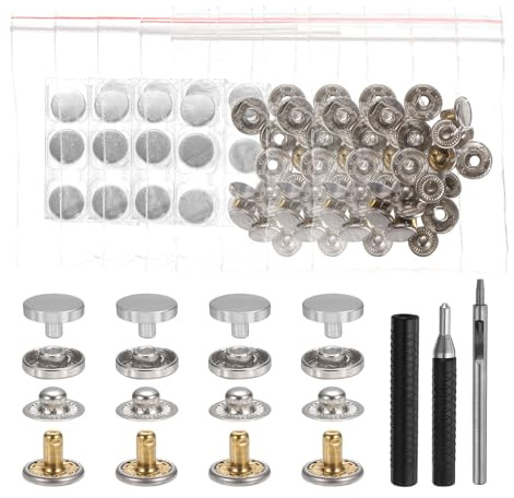 sourcing map 24 Set Leather Snap Fasteners Kit 10mm Metal Snap Button Press Studs Leather Rivets Snaps with 3 Setter Tools for Clothes Jackets Jeans Wears Bags, Silver Tone