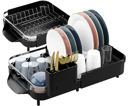 DMD Collective - Dish Drainer Rack, Dish Rack, Extendable Drainboard | Extendable Dish Rack 33-58cm, Adjustable Drainboard, Removable Cutlery Holder, Anti-Scratch Steel with Drainage