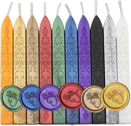 10 Stück Siegelwachs Mischfarbene mit Dochten, Vintage DichtungsWachs, Wachssiegel Stock, Siegelwachs, Siegellack Mischfarbene für Briefsiegel & Wachssiegel Stempel (10)