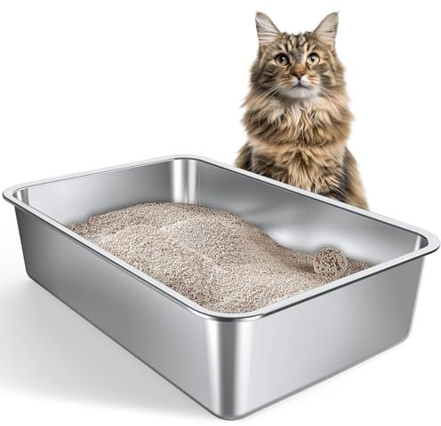 Gimars XXL Katzenklo Edelstahl 60x40x15cm - Dickwandig, rostfrei, geruchsneutral, leicht zu reinigendes Edelstahl Katzenklo für Katzen & Kaninchen