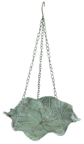 Moritz Hängende Vogeltränke aus Gusseisen, dekorative Schale in Blattform mit Kettenaufhängung, für Garten, Terrasse und Balkon, antik-grün, 35 cm Durchmesser