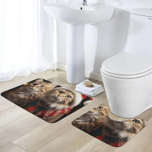 RTFGHJS Weihnachtliches Katzen-Badteppich-Set, rutschfest, schnell trocknend, für Badezimmer, 50 x 80 cm, WC-Vorleger, U-förmig, 50 x 39,9 cm, PVC-rutschfeste Unterseite, super saugfähige