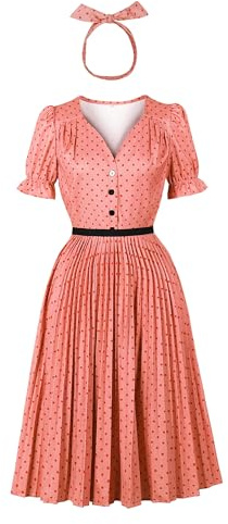 Wellwits Women's Ruffle Puff Sleeves Vintage Dress | Polka Dots,Pleated,Non-stretchy Fabric,with Matching Headband