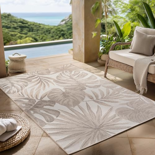 Carpettex Outdoor Teppich wetterfest Beige 140x200 cm, UV-beständig, ideal für Küche, Balkon, Terrasse, Garten auch Wohnzimmer und Esszimmer, Palmblätter-Design