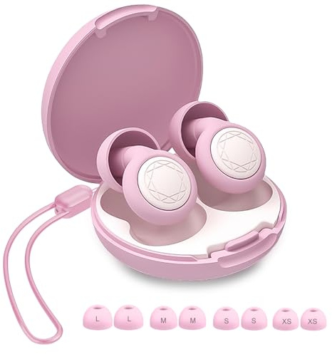 Ear Plugs for Sleep Noise Cancelling, 45dB Comfortable and Reusable Silicone Earplugs for Hearing Protection, 8 Tips in Four Sizes (XS/S/M/L), for Noise Reduction (Pink, One Size)