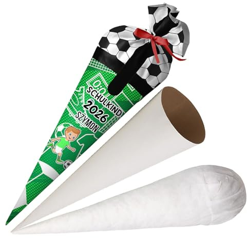 Ferocity Personalisierte Schultüte Fussball mit Namen für Jungen, 70 cm Zuckertüte aus Stoff mit runde Papprohling und Füllung aus Silikonkügelchen, große Tüte als Kissen, Model 9 [149]