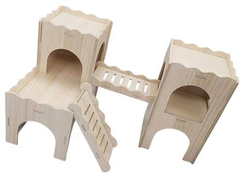 RWAJZAX Petits labyrinthes pour hamsters Maisons en bois Drôle Toboggan Cabane à double étage avec fenêtre pour hamsters nains et rongeurs Maisons pour animaux de compagnie en bois naturel