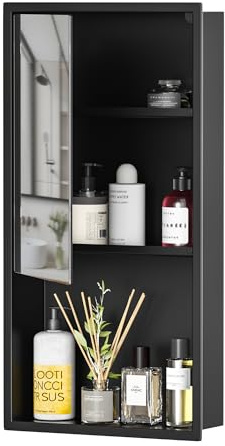 Bernkot Medicine Cabinet, in Wall Niche Cabinet w/Glass Door for Bathroom Storage, 304 Stainless Steel 3-Tier Vertical Cabinet (Matte Black)