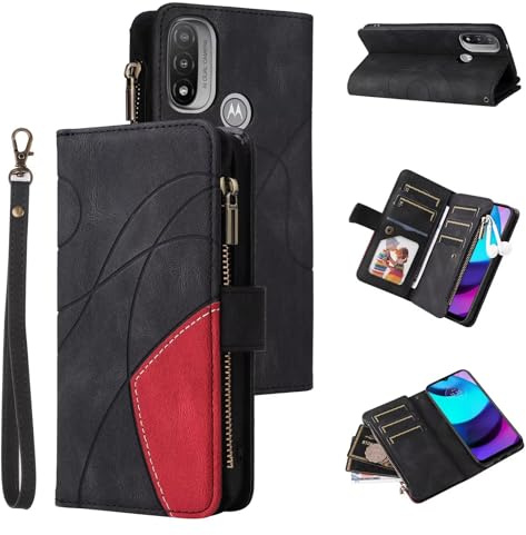 Funda para Motorola Moto E20/E30/E40, Estilo Retro, con Cremallera, Piel sintética, Suave, Cierre magnético, 9 Tarjetero, función Atril, Cartera con Correa, Negro