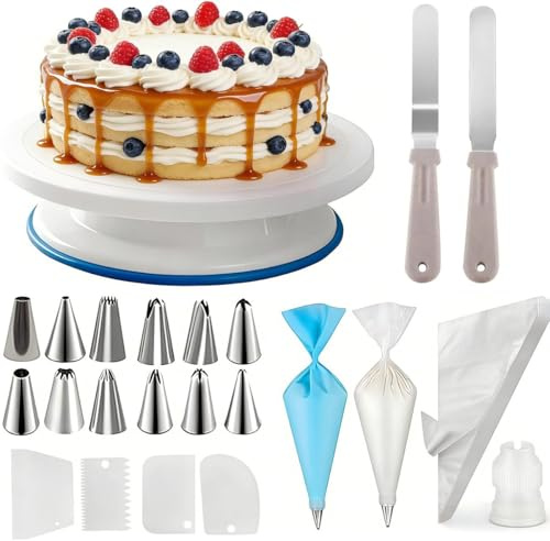 Cake Decorating Kit 71Pcs Complete Baking Set, Rotating Cake Turntable with Icing Nozzles Scrapers and TPU Bags, All In One Tool Set for Home Baking and Cake Decoration