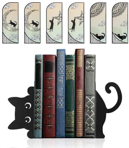 Set med 7 bokstöd metall, 1 par dekorativa bokstöd med kattdesign, 6 stycken svarta kattbokmärken, bokstöd för hylla, gåva för kattälskare, hemmakontor