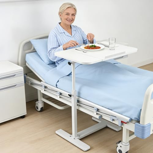 Betttisch auf Rollen, Beistelltisch Pflegebett für Kranken- und Pflegebetten, Höhenverstellbarer Beistelltisch mit Versteckten Rollen, überbetttisch Holz für Büro, Hause, Krankenhaus, 60*40*52-92cm