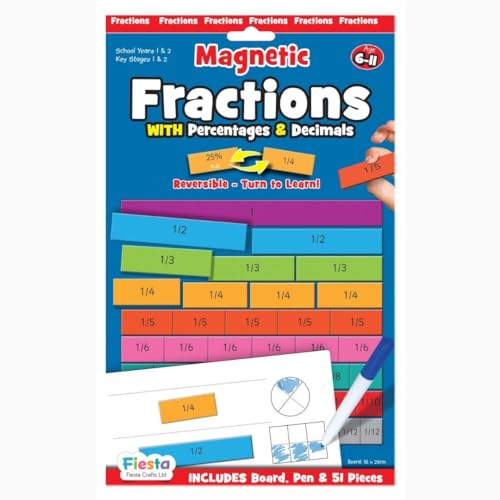 Fractions Resources for Children by Fiesta Crafts - Double Sided Magnetic Fractions with Decimals & Percentages for Learning Maths - Board, Dry Wipe Pen & 51 Magnetic Tiles - Educational Gift