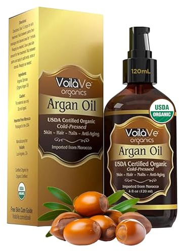Organic Argan Oil for Hair & Face - Cold-Pressed 100% Pure Moroccan Argan Oil - ECOCERT & USDA Certified Organic - Miracle Beauty Oil for Skin, Hair, & Nails - Convenient Pump Bottle - 4 fl oz. by VoilaVe