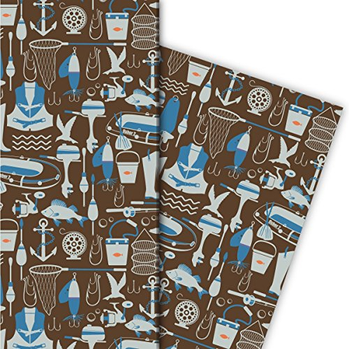 Kartenkaufrausch Modernes Angler Geschenkpapier Set mit Reusen, Angelhaken und Co für tolle Geschenk Verpackung, Designpapier, scrapbooking, 4 Bogen, 32 x 48cm, auf in braun blau