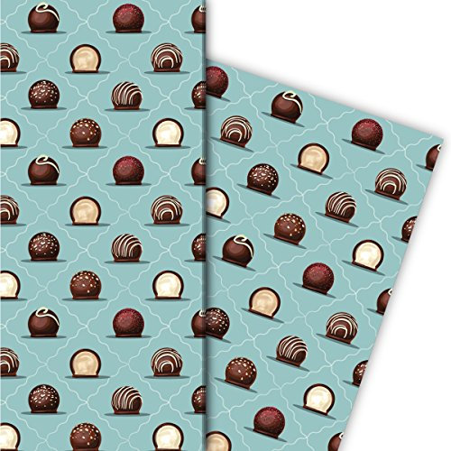 Kartenkaufrausch Delikates Geschenkpapier Set mit Schokoladen Pralinen für tolle Geschenk Verpackung, Designpapier, scrapbooking, 4 Bogen, 32 x 48cm, auf hellblau