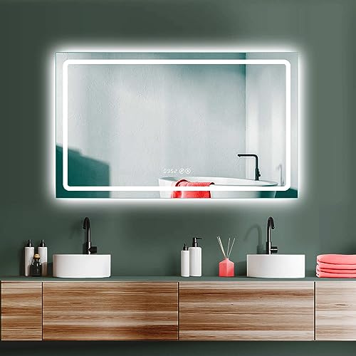 HOKO® großer LED Badspiegel 100x60 cm. Mit ANTIBESCHLAG und Uhr. XL Spiegel + Touch Schalter + LED Wechsel