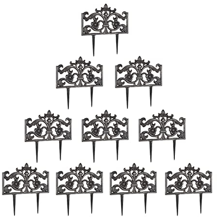 Relaxdays 10er Set Beetzaun Gusseisen, mit Erdspieß, einfaches Stecksystem, Zierzaun, nostalgisch, HxBxT: 37 x 36 x 2 cm, Bronze
