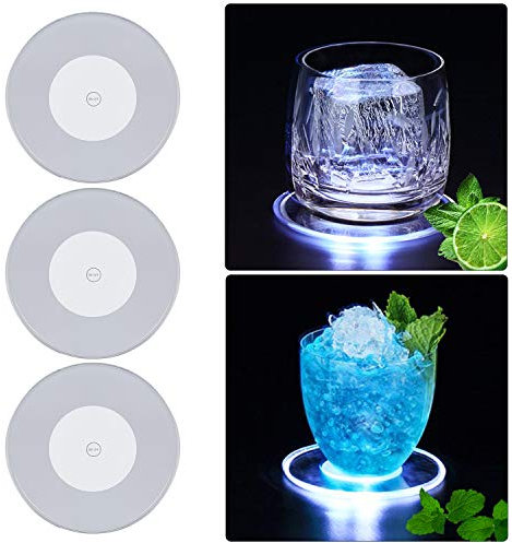 TYXSHIYE 3 Stück Kühle Weiß LED Untersetzer für Getränke, Ein/Aus LED Einweg Untersetzer, Wasserdichte Leuchtuntersetzer für Flaschen, Acryl Untersetzer Rund für Partys Hochzeiten Bar Weihnachten