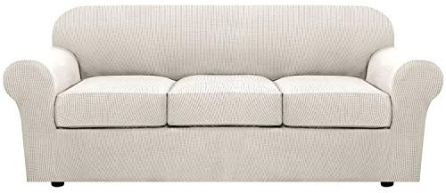 H.VERSAILTEX 4 Piece Stretch Couch Covers for 3 Cushion Couch Sofa Furniture Slipcovers Feature Upgraded Thicker Jacquard Fabric (Sofa, Ivory)