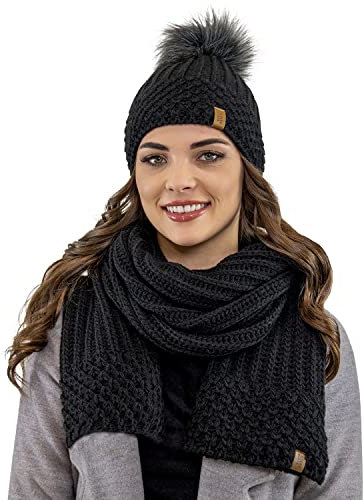 VIVISENCE Damen Mütze Mit Schal Set Mit Fleecefutter Wärme An Wintertagen 7016, Schwarz,Einheitsgröße