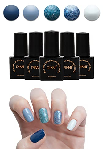 PINNI 5 Farben Gel Nagellack Set, Semi-permanente Gel Nagellacke für Soak-off UV LED Maniküre Nail Art Nageldesign, 5ml, Marineblau + Hellblau + Blau & Türkis Glitzer + Weiß