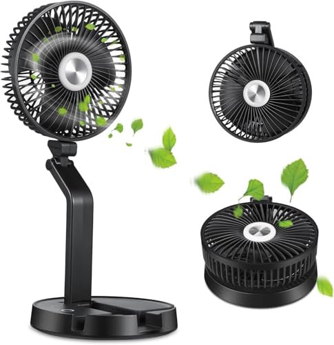 PRETTYLE Foldaway Stand Fan, Portable Desk Fan with LED Light, Rechargeable and Table Adjustable Height, Ultra Lightweight, 3 Speeds,for Home Office Bedroom Travel Camping