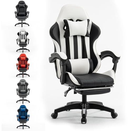 Millhouse Gaming Racing Desk Chair with Adjustable Lumbar Support, Footrest, and Head Pillow, X2022 (White)