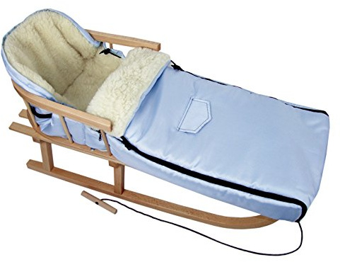 Kombierbjudande träsläde med ryggstöd och dragrep + universell vinteråksäck (108 cm), även lämplig för babystol, barnvagnar, buggy, lammull, uni (ljusblå + släde)