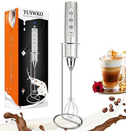 YUSWKO Milchaufschäumer Stab für Kaffee mit Ständer, Usb Wiederaufladbarer Aufschäumer, 3 Schneebesen-Köpfe 3 Geschwindigkeiten, Milchaufschäumer Elektrisch für Milchkaffee, Cappuccino, Getränkepulver