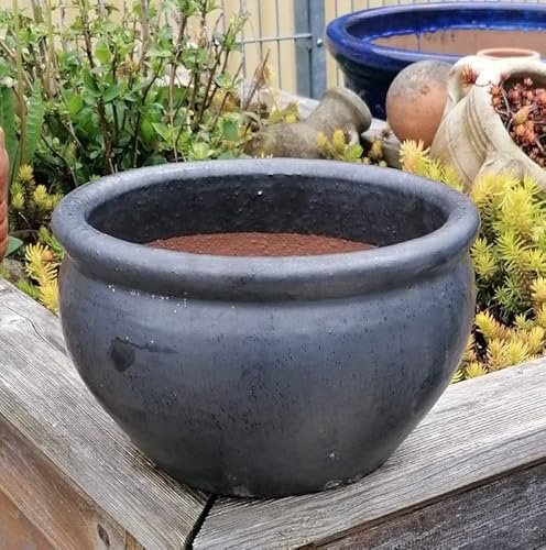 Generisch Neu !! Blumentopf Pflanzschale ca. 25 cm Durchmessser aus frostfesten Steinzeug grau anthrazit glasiert Garten Deko Blumenkübel Pflanztopf