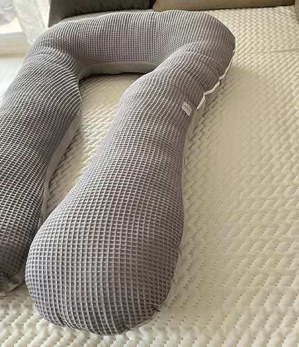 LOOLAY TYP A Relax Kingsize Waffelpique/Glatt Baumwolle XXXL 330 cm Schwangerschaftskissen Seitenschläferkissen Stillkissen Typ U Lagerungskissen (Waffelpique GRAU/Grau)