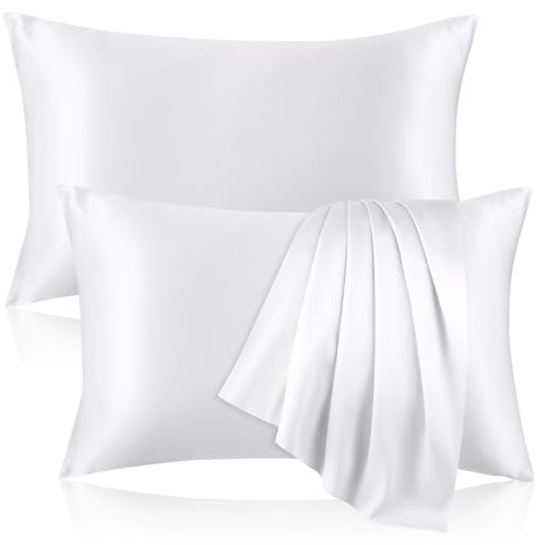 Kinself 100% Pure Silk Pillowcase for Hair and Skin, Both Sides Mulberry Silk Pillowcases with Hidden Zipper, Cooling Pillowcase 19 Momme, 600 Thread Silk Pillow Cases Standard Size, 2PCS, White