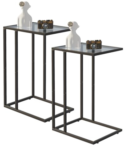 Huhote C Shaped End Table Set of 2, Glass Side Table for Couch, Sofa Table with Metal Frame, Couch Table for Living Room, Bedroom, Bedside, Black