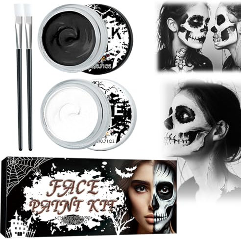 Maquillage Halloween,Peinture Visage Blanc Noir,Peinture Visage,Kit Maquillage Halloween pour Halloween Carnaval Théâtre Cosplay Maquillage Peinture Corporelle Faciale Lors de Fêtes