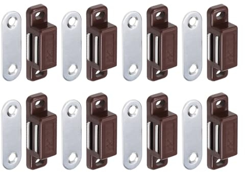 DTGN 28x10mm(Lxw) Chiusura Magnetica a Tocco - 8pz - Ideale per Mobili, Cassetti, Armadietti Cucina – Chiusure con Chiusura Magnetica in Plastica - Tono Marrone/Argento