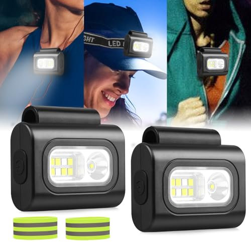 BORDEAG LED Clip Lampe 2 Stück, Stirnlampe LED Wiederaufladbar Lauflicht mit COB LED 6 Lichtmodi Wasserdicht Kopflampe mit Reflektorband Universale für Laufen Joggen Camping Wandern