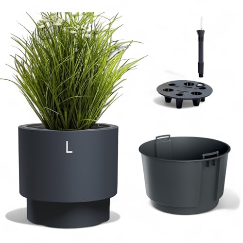 MELTOM Pflanzkübel mit Bewässerungssystem Ø 29,5 x H 28 cm Anthrazit | 18 L Gefäß · 10 L Innentopf · Bewässerungssystem mit Wasserspeicher & Wasserstandsanzeiger · Innen/Außen