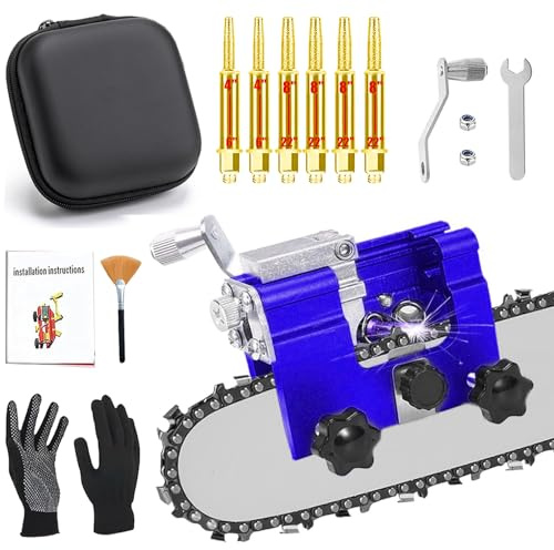 HUOJYDOWDL Chainsaw Sharpener, Portable Hand Crank Tool with 6 Sharpening Rods, Storage Box, Gloves & Cleaning Brush - Chainsaw Sharpening Jig Kit for Chain Saw and Electric Saw
