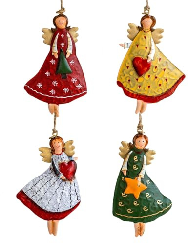 Walopola 4 Stücke Weihnachts Engel Anhänger, 4 Stile Metall Engel Anhänger, Retro-Eisenkunst-Weihnachtsengel Dekoration, bemalte Metall-Engel-Ornamente, Weihnachts Dekoration Hängender Schmuck