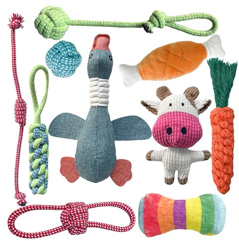 SUNFATT Hundespielzeug kleine Hunde,10 Stück Welpenspielzeug für kleine Hunde,Quietschspielzeug und Kauspielzeug Hundespielzeug Set,Waschbares Natürlicher Baumwolle & Ungiftig