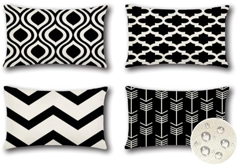 JOTOM 4er Set Outdoor Kissenbezüge, Dekorative wasserdichte Kissenbezug Geometrisch Kissenhüllen Dekokissen Sofakissen Zierkissenbezug für Garten Schlafzimmer Wohnzimmer Deko (40x60cm, Schwarz)