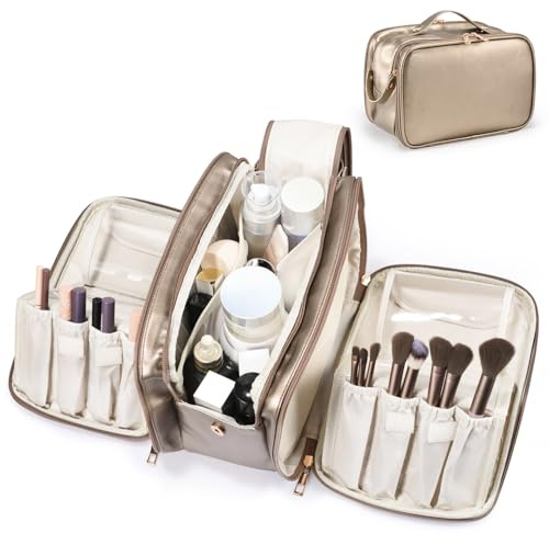 Travel Makeup Bag Women's Large Capacity Cosmetic Portable Organizer Large Opening Waterproof Storage Toiletry Bags Vertical Free-Standing Brush Holder for Easy Access Copper