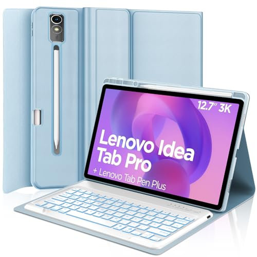 IVEOPPE Hülle mit Tastatur für Lenovo Idea Tab Pro 12,7 2025, 7 Farbige Beleuchtung, Bluetooth Abnehmbare Magnetisch QWERTZ Tastatur für Lenovo Idea Tab Pro 12.7 Zoll 2025 (TB-373FU/TB-375FC), Blau