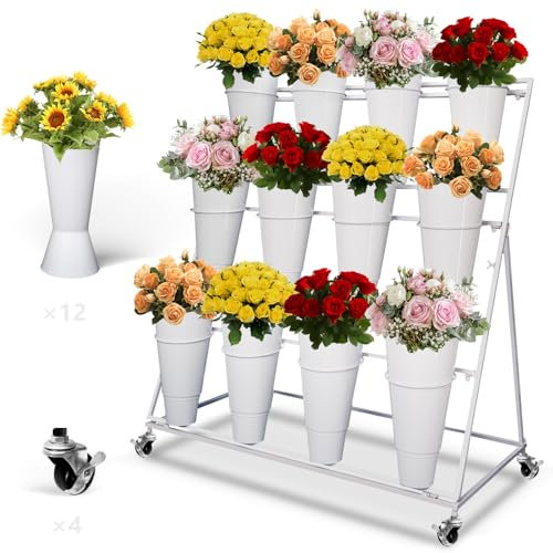 Flower Display Stand with 12 Buckets 3 Layers Flower Cart Display Stand with Wheels Moving Florist Bouquet Shelf for Indoor Outdoor Patio Garden Living Room Florist White Flower Bar Stand