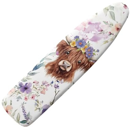 Wanyint Universal Fit Ironing Board Cover Stretchable Edge with Hook and Loop Fastener Soft Polyester Spandex Iron Board Cover, Easy to Install, Highland Cow Floral Violet