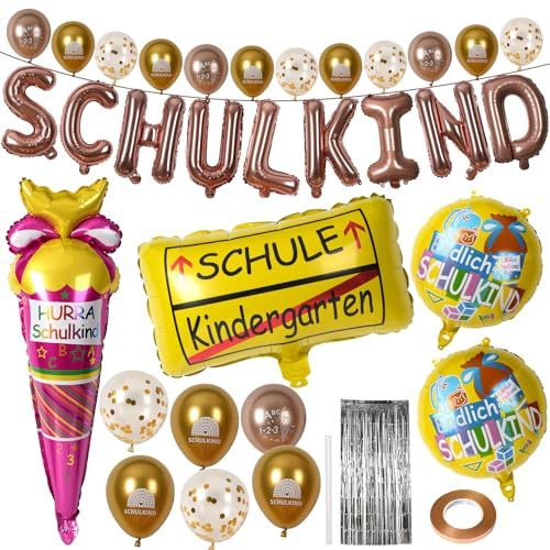 HSSPYY 33-tlg. Einschulung Deko Set Roségold – Schulanfang Party Deko mit SCHULKIND Ballons, 12 Latexballons (Champagner & Roségold), Eisballon, Regenvorhang & mehr für Mädchen & Jungen