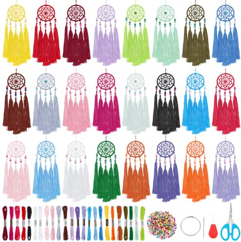 INFUNLY 24 Stück DIY Kleine Traumfänger Kits Für Anfänger Mehrfarbiges Traumfänger Kit Mit Anleitung Handgefertigtes Mini Traumfänger Bastelset Für Taschenanhänger Autospiegel Charm Schlafzimmerdekor