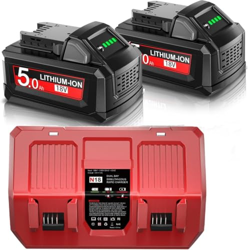2X 18V 5.0Ah/5000mAh Ersatzakkus für Milwaukee und DC18RC Ladegerät kompatibel mit M18B 48-11-1840 48-11-1850 48-11-1828 48-11-1815 48-11-1820 48-11-1822 48-59-1812 48-59-1806 48-59-1840 2710-20