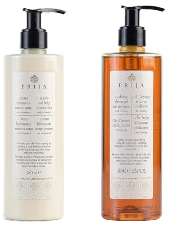 Prija Hand & Körpercreme + Hair & Body vitalisierend mit Ginseng 2x 380ml Soap Wellness Spa Duschgel Haarshampoo Bodylotion Feuchtigkeitslotion Vitamin E und Sheabutter (1)